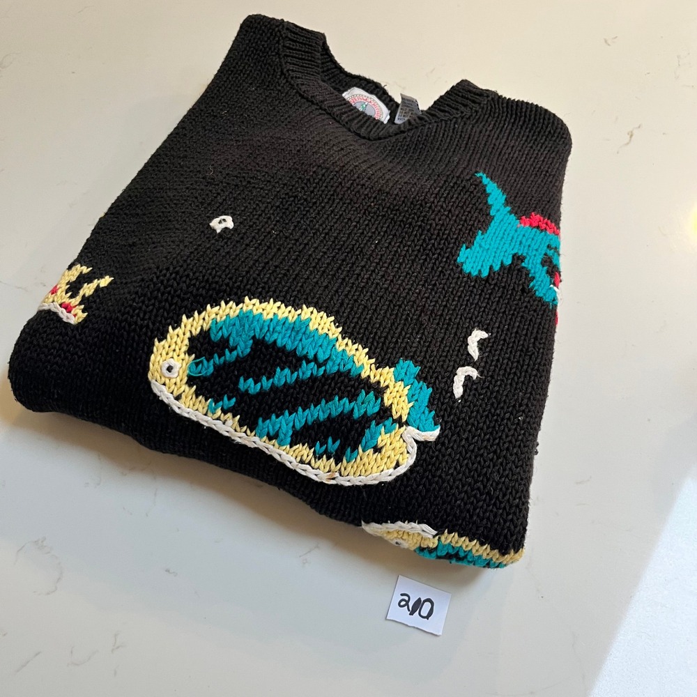 Cape Isle Knitters Vintage Tropical Fish Coral Reef Black Ramie Cotton Sweater L - Picture 7 of 10
